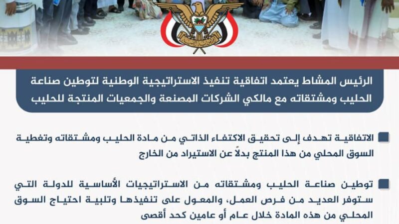 الرئيس المشاط يعتمد اتفاقية تنفيذ الاستراتيجية الوطنية لتوطين صناعة الحليب ومشتقاته