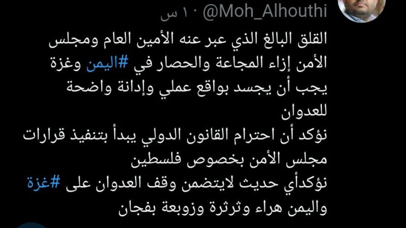 الحوثي مخاطبآ مجلس الامن : احترام القانون الدولي يبدأ بتنفيذ القرارات بخصوص فلسطين
