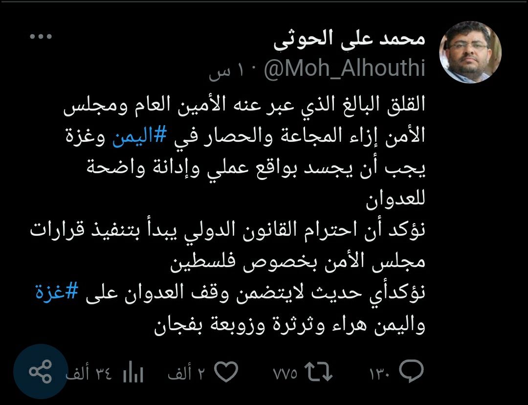 الحوثي مخاطبآ مجلس الامن : احترام القانون الدولي يبدأ بتنفيذ القرارات بخصوص فلسطين